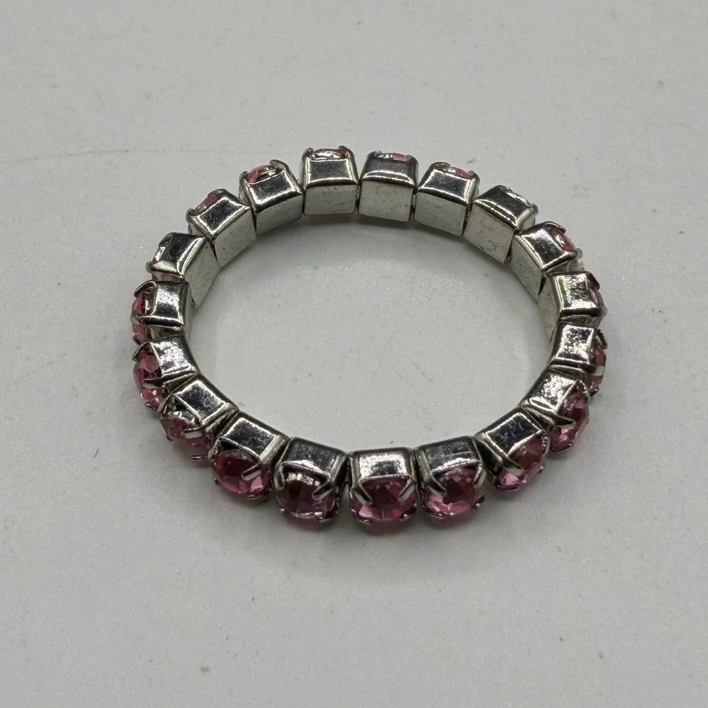 Pink Rhinestone Stretch Bracelet Ring Set Silver Tone Coquette Y2K Sparkle Gift